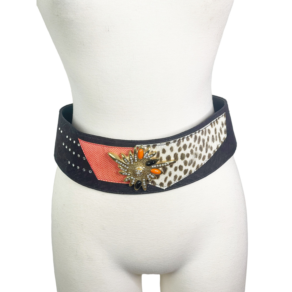 Leo Isba Vintage 1980's Suede Patchwork Jeweled Leopard Waist Cincher Belt - Picture 2 of 8